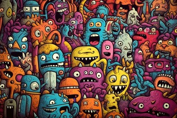 Fototapeta na wymiar Kawaii doodle monsters, city, cat, robot for child coloring books, Generative AI