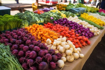 Fototapeta premium display of fresh and colorful produce at farmers market, created with generative ai