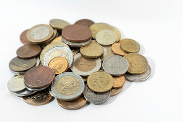 Bulk of money coins euro, turkish lira, cent