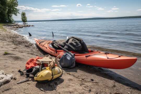 watersports gear, with kayak and paddle on the shore, created with generative ai