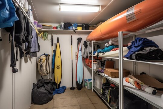 watersports gear storage room with shelves and hooks for towels, sunscreen, and other essentials, created with generative ai