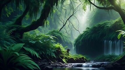 Beautiful tropical waterfall in jungle. 3D rendering. Computer digital drawing. tree, rock, stone, trees, park, travel, natural, rain, spring, fresh, outdoor