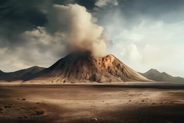wide angle of a smoking volcano in a barren landscape, created with generative ai