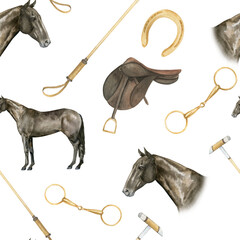 Seamless minimalistic pattern with hand drawn watercolor illustrations of golden horseshoes and snaffles, horse polo sticks, horse portrairs, saddles, isolated. Can be used as a print for clothes. Pri