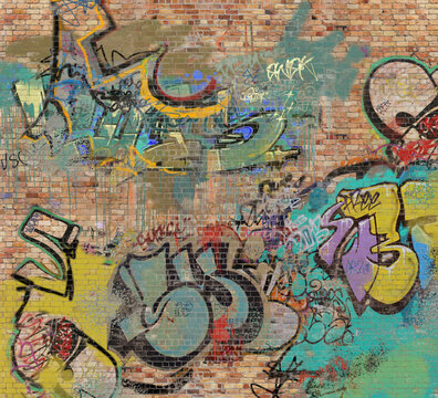 Graffiti on brick wall, composite of various images, layered and altered digitally.