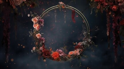 The backdrop is a floral halo ring for photography. (Illustration, Generative AI)