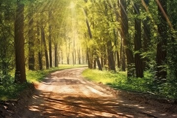 Fototapeta na wymiar A sunny forest path with a dirt road and shining rays. (Illustration, Generative AI)