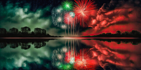 Red white & green fireworks reflecting in lake - Generative AI
