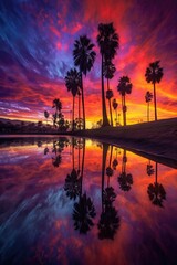 Naklejka premium silhouette of palm trees at sunset with vibrant colors, created with generative ai