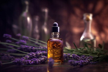 Obraz na płótnie Canvas Dropper bottle of lavender oil. 3D illustration digital art design, generative AI