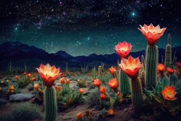 blooming cacti against a starry night sky, created with generative ai