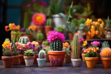 Fototapeta na wymiar collection of small potted cacti with vibrant flowers, created with generative ai