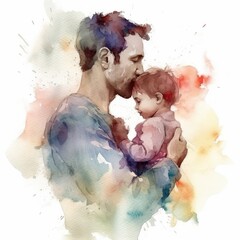 Illustration of a painting of a father and son using colorful watercolors with expressions