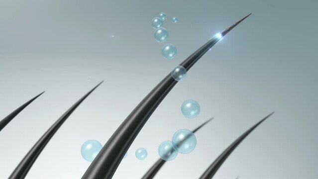 Nourish hair of shampoo or serum. Repair damaged hair concept, 3d animation