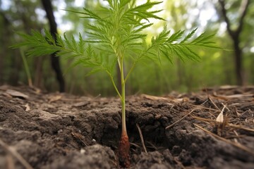 close-up of a tree sapling with its roots in the ground, created with generative ai