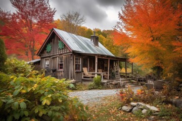 Fototapeta na wymiar rustic cabin surrounded by vibrant fall foliage, created with generative ai