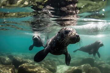Fototapeta premium group of seal pups playing and swimming in crystal-clear waters, created with generative ai