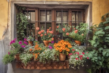 Fototapeta na wymiar beautiful window garden surrounded by flowering plants and herbs, created with generative ai