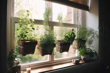 Fototapeta na wymiar window garden with hanging planters filled with herbs and spices, created with generative ai