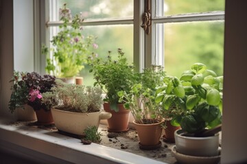 Fototapeta na wymiar window garden filled with blooming flowers and herbs for cooking, created with generative ai