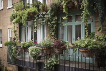 Fototapeta na wymiar balcony with hanging baskets and pots of trailing greenery, created with generative ai