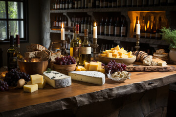 Fototapeta na wymiar Rustic Wine and Cheese Tasting Counter Generative AI