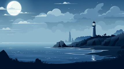 Moonlit beach and a lonely lighthouse in the style of pixel art with atmospheric clouds dark sky-blue and gray