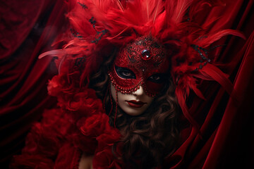 Red venetian mask woman beautiful face front view looking at camera mistery fantasy masquerade