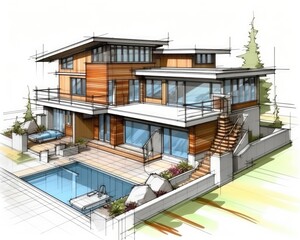 Modern family house's architecture design blueprint. (Illustration, Generative AI)