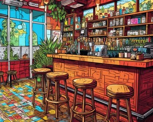 An empty cafe or bar during the day. (Illustration, Generative AI)