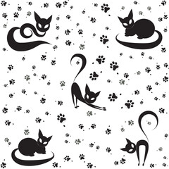 Cat faces and paws seamless pattern vector - 616667246