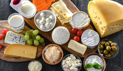 A variety of dairy products including cheese, milk and yogurt