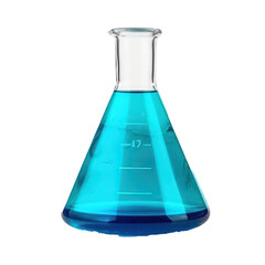 Erlenmeyer chemical flask with blue detergent isolated on transparent background. Generative AI.