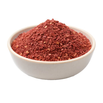 Dry ground sumac in white bowl isolated on transparent background. Generative AI.