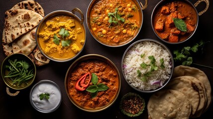 assorted indian curry and rice dishes shot from overhead composition Generative AI