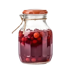 Glass jar with red grape vinegar isolated on transparent background. Generative AI.