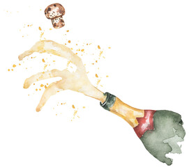 Watercolor open bottle with champagne and splashes clipart. Watercolor food illustration, beverages clip art - 616668648