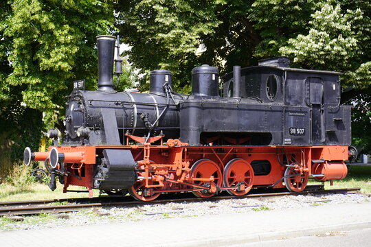 Ingolstadt, June 24, 2023, Germany. Local train locomotive 98507 of the DB. Class 98 DXI of the Royal Bavarian State Railways. Built in 1903 by Krauss & Cie. in Munich, Farbr.-Nr. 4869. 