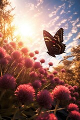 Fototapeta na wymiar butterfly flying near a blooming garden in sunlight, created with generative ai