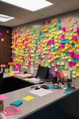 sticky notes with reminders on cubicle wall, created with generative ai