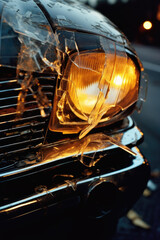 close-up of a broken car headlight after a collision, created with generative ai