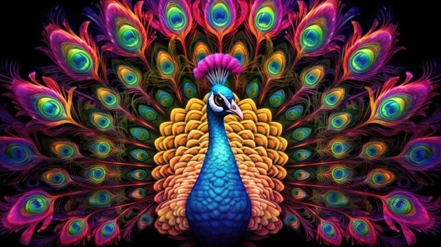 A rainbow colored peacock on black. (Illustration, Generative AI)