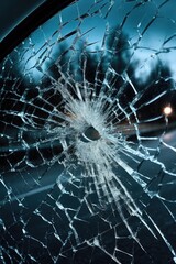 smashed windshield with cracks and shattered glass, created with generative ai