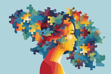 International Parental Mental Health Awareness Week. Blue monday or mental health day. woman with a puzzle brain. Neurodiversity, Disability Pride Month, world brain day, dementia  - obrazy, fototapety, plakaty