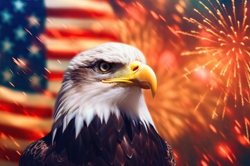 Generative AI illustration of Happy 4th of July wallpaper with an eagle and colors of the United States flag, firework and bokeh