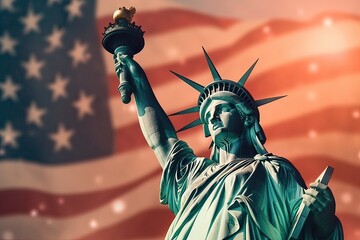 Generative AI illustration of Happy 4th of July with the statue of liberty. Close up, background, Fireworks - obrazy, fototapety, plakaty
