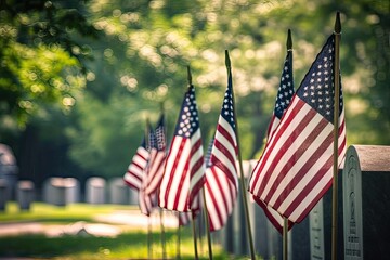 Generative AI illustration of Memorial Day. American flags on tombs of American Veterans on Memorial Day