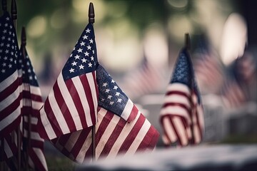 Generative AI illustration of Memorial Day. American flags on tombs of American Veterans on Memorial Day