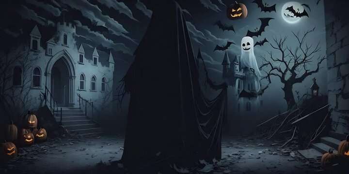 Ghost on a black background and on the background of an abandoned castle, the concept of halloween celebration