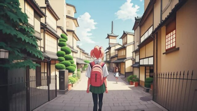 Schoolgirl with a backpack on his back walks along the street in European city, sunny day, view from the back